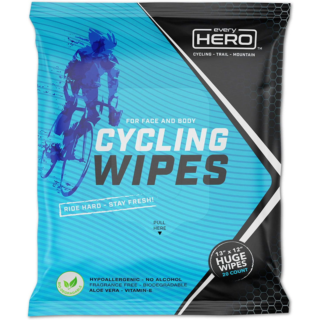 Buy everyHERO Cycling Body Wipes 20 Count Biodegradable No Shower Wipes, Extra Large for